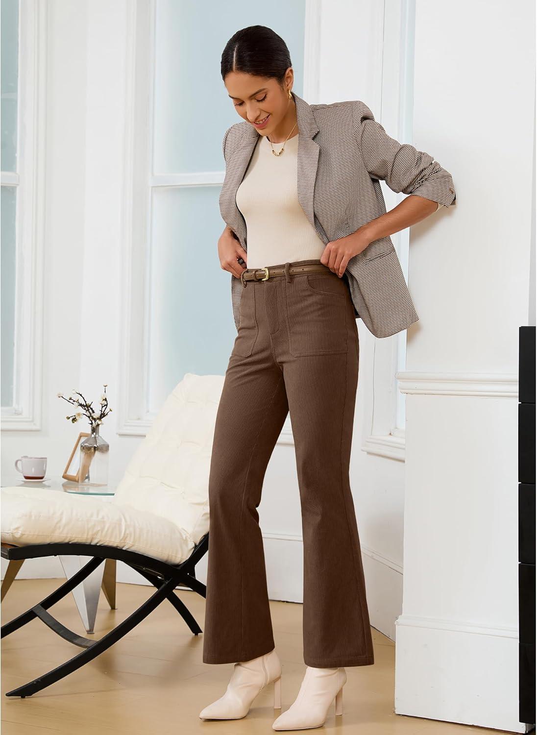 imageGRAPENT Corduroy Pants for Women Flare High Waisted Fall Winter Elastic Waist Stretchy Work Casual Trendy Wide Leg PantsCocoa Brown