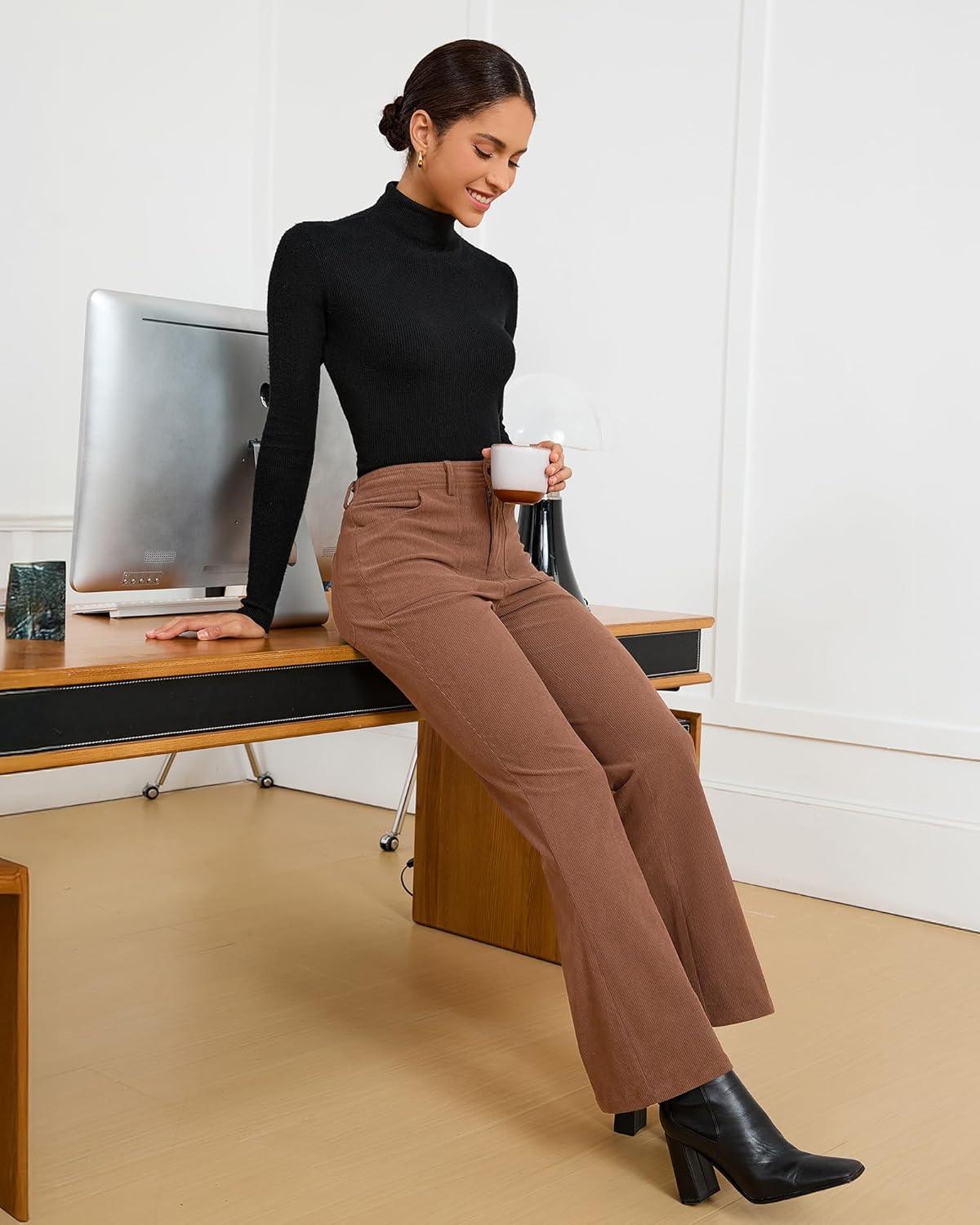 imageGRAPENT Corduroy Pants for Women Flare High Waisted Fall Winter Elastic Waist Stretchy Work Casual Trendy Wide Leg PantsPecan Brown