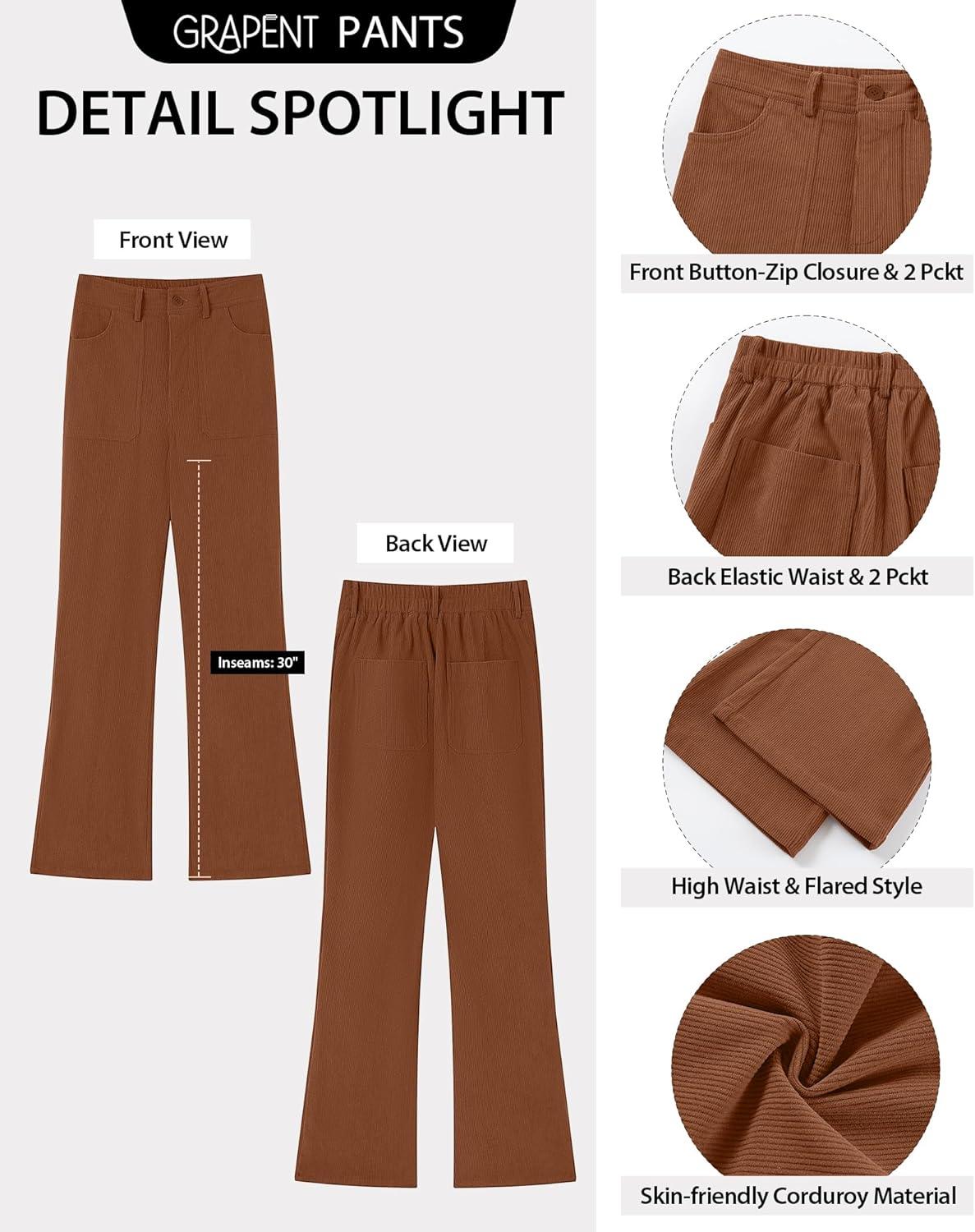 imageGRAPENT Corduroy Pants for Women Flare High Waisted Fall Winter Elastic Waist Stretchy Work Casual Trendy Wide Leg PantsPecan Brown
