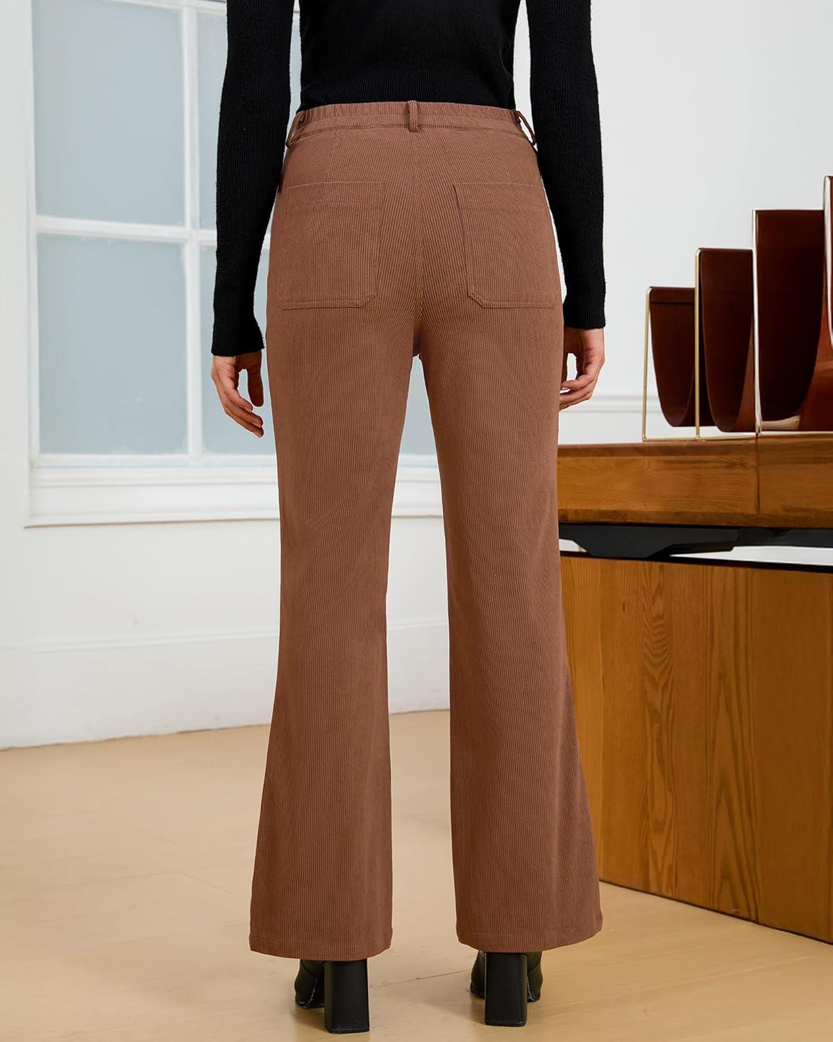 imageGRAPENT Corduroy Pants for Women Flare High Waisted Fall Winter Elastic Waist Stretchy Work Casual Trendy Wide Leg PantsPecan Brown