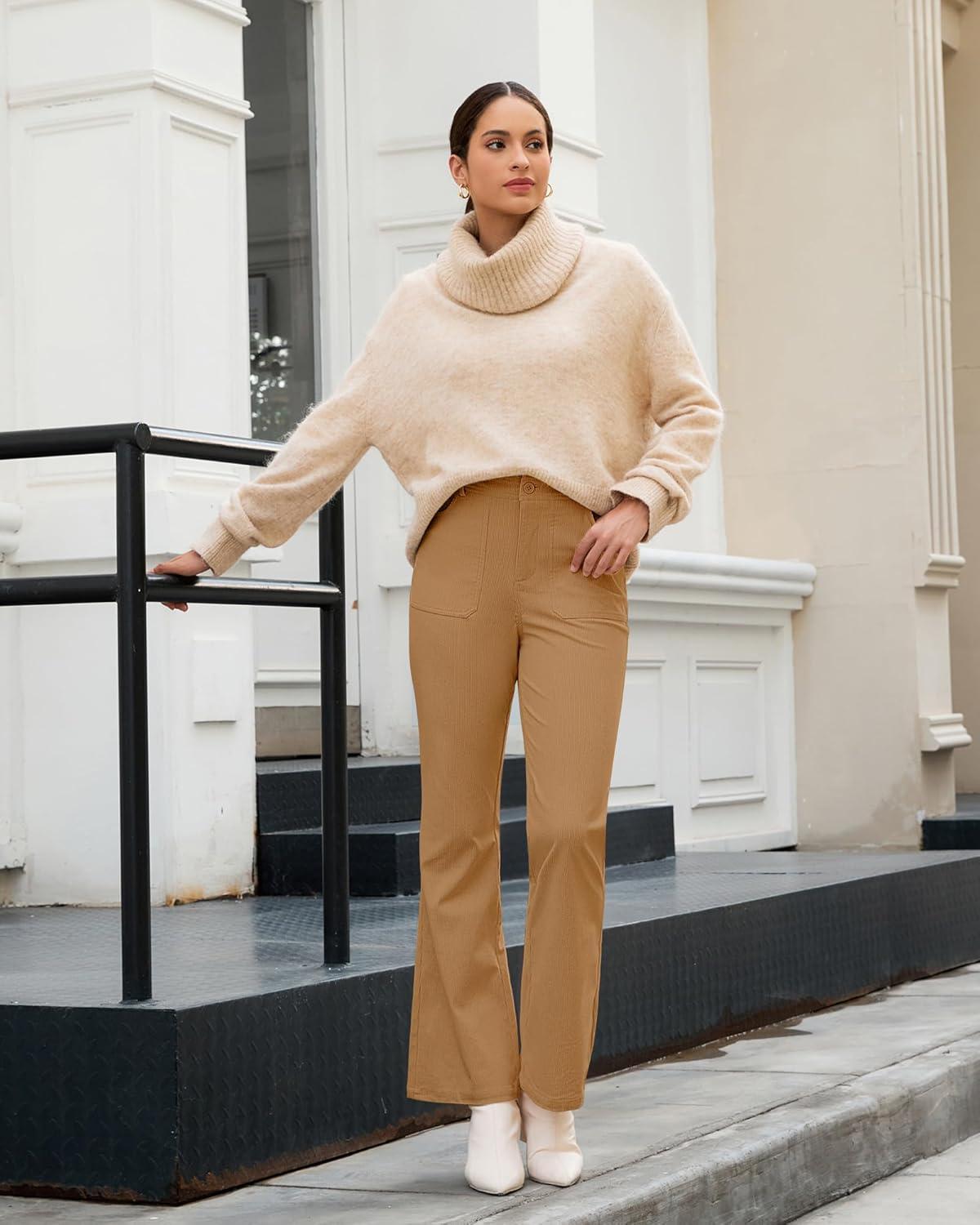 imageGRAPENT Corduroy Pants for Women Flare High Waisted Fall Winter Elastic Waist Stretchy Work Casual Trendy Wide Leg PantsTan