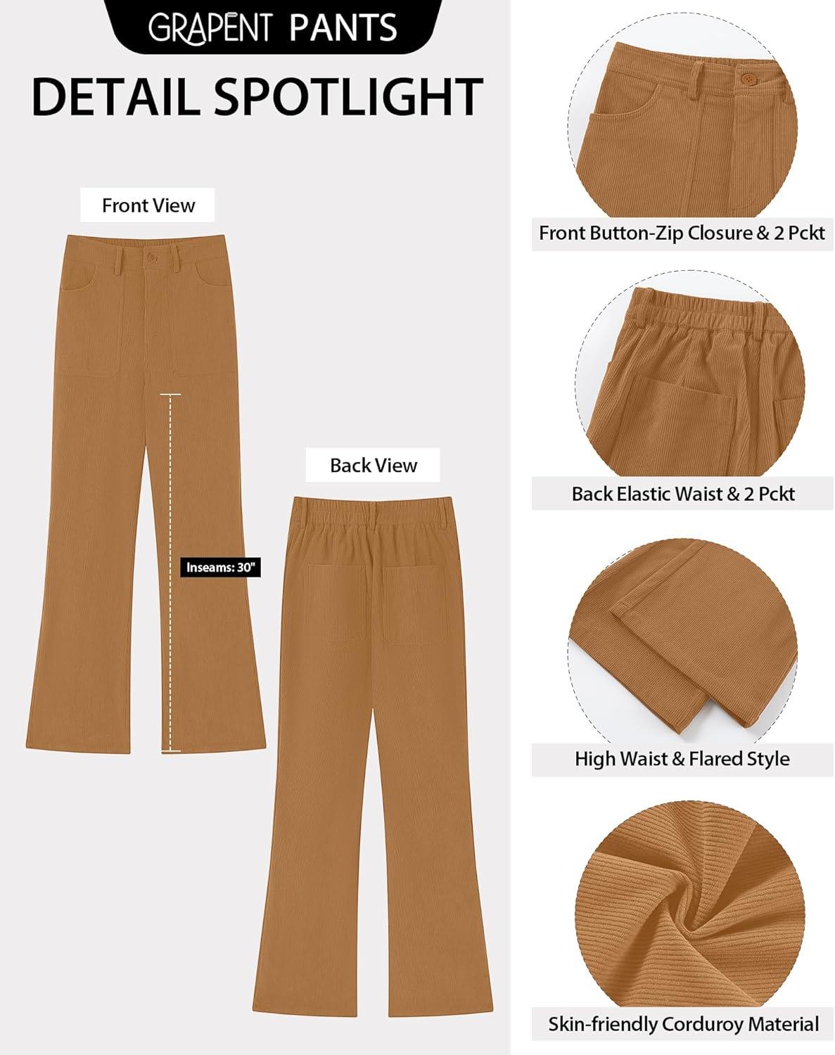 imageGRAPENT Corduroy Pants for Women Flare High Waisted Fall Winter Elastic Waist Stretchy Work Casual Trendy Wide Leg PantsTan