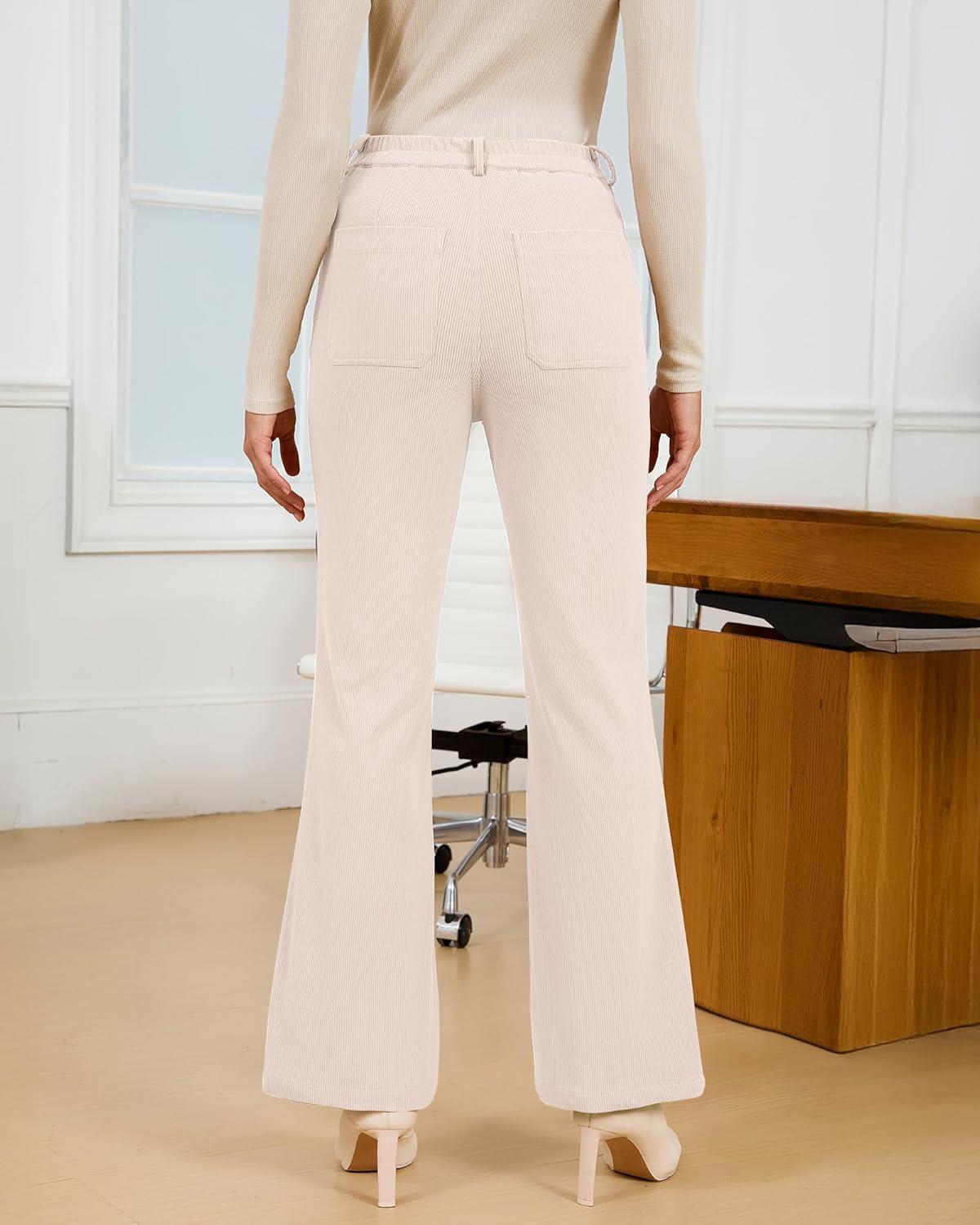 imageGRAPENT Corduroy Pants for Women Flare High Waisted Fall Winter Elastic Waist Stretchy Work Casual Trendy Wide Leg PantsTurtledove