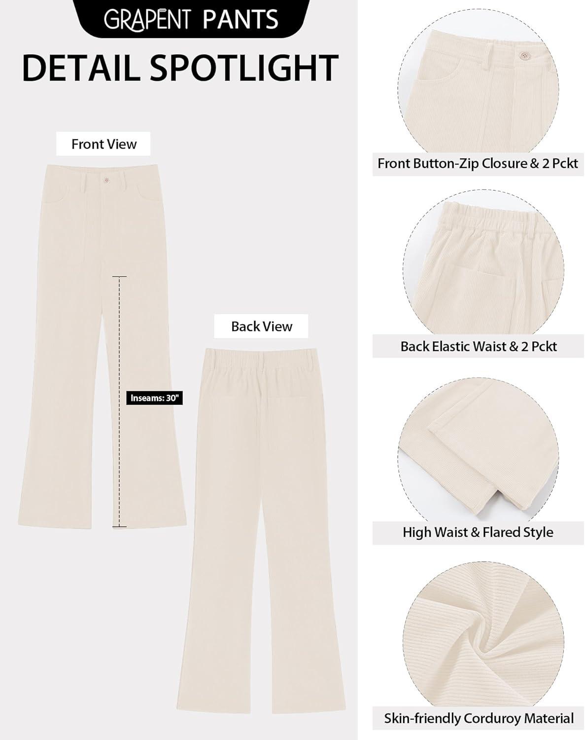 imageGRAPENT Corduroy Pants for Women Flare High Waisted Fall Winter Elastic Waist Stretchy Work Casual Trendy Wide Leg PantsTurtledove