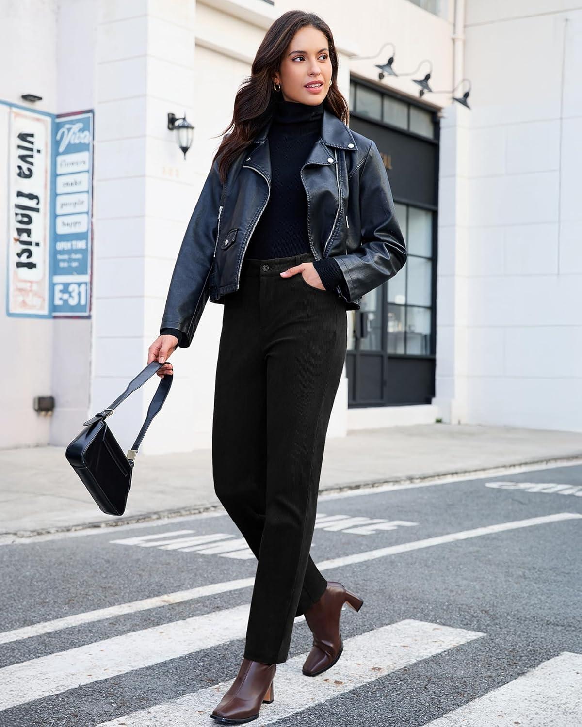 imageGRAPENT Corduroy Pants for Women High Wasited Straight Leg Elastic Waist Stretchy Casual Work Pants Fall Winter TrousersBlack