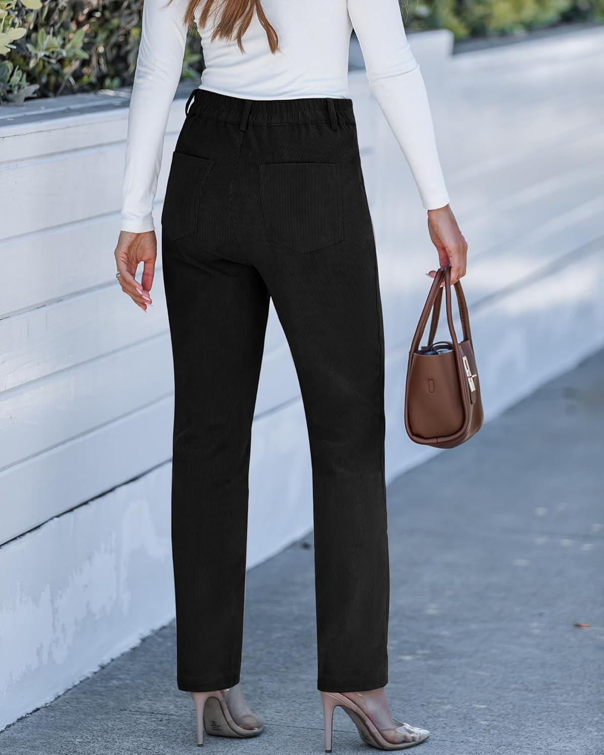 imageGRAPENT Corduroy Pants for Women High Wasited Straight Leg Elastic Waist Stretchy Casual Work Pants Fall Winter TrousersBlack