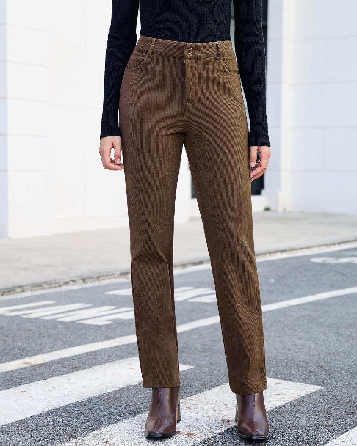 imageGRAPENT Corduroy Pants for Women High Wasited Straight Leg Elastic Waist Stretchy Casual Work Pants Fall Winter TrousersCocoa Brown