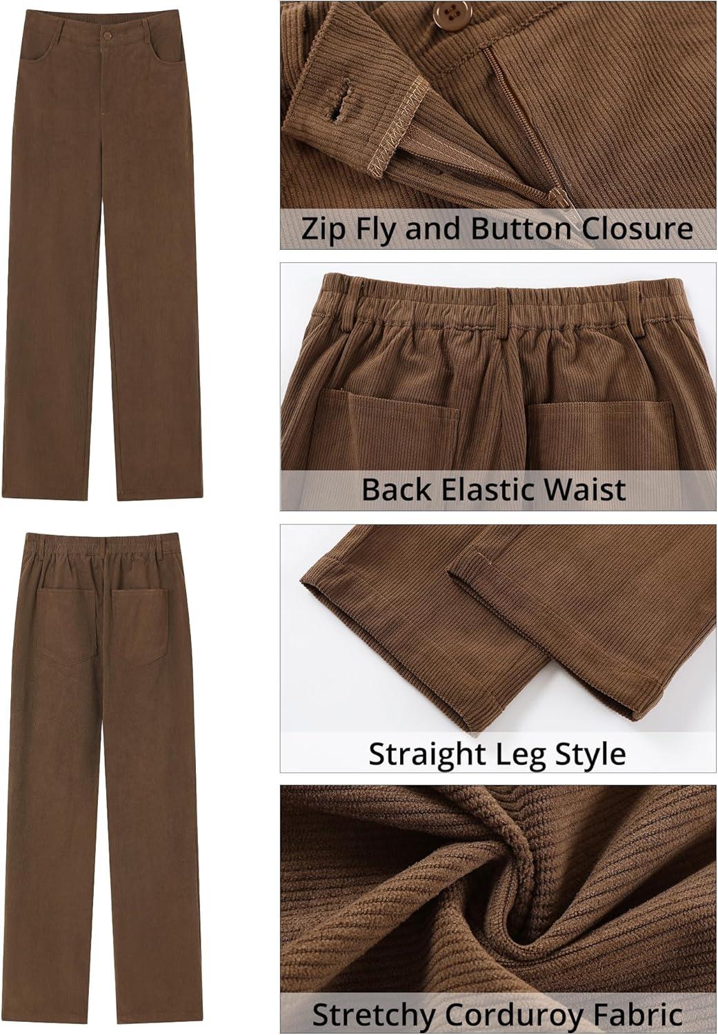 imageGRAPENT Corduroy Pants for Women High Wasited Straight Leg Elastic Waist Stretchy Casual Work Pants Fall Winter TrousersCocoa Brown