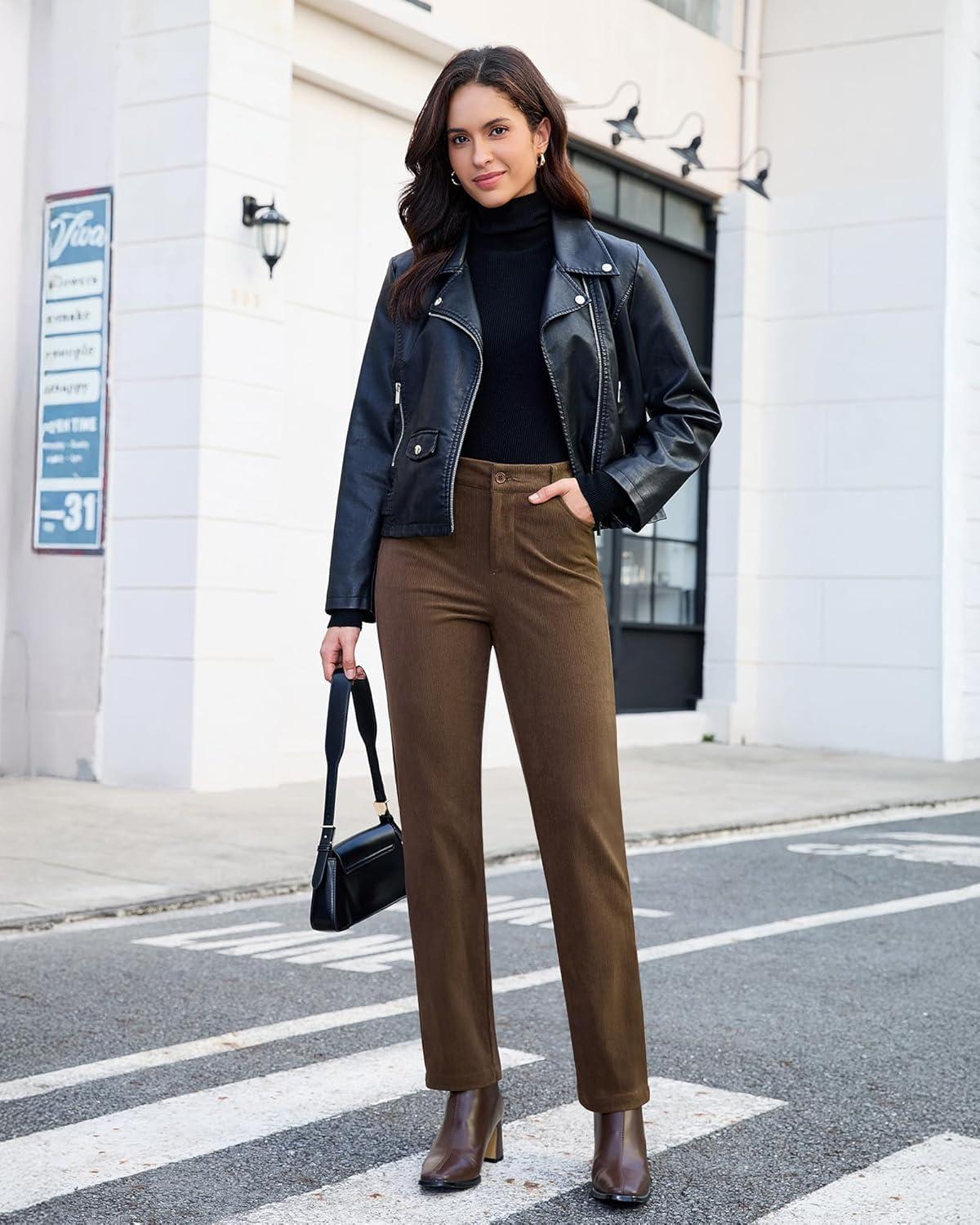 imageGRAPENT Corduroy Pants for Women High Wasited Straight Leg Elastic Waist Stretchy Casual Work Pants Fall Winter TrousersCocoa Brown
