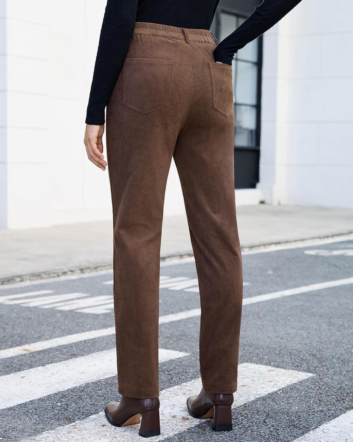 imageGRAPENT Corduroy Pants for Women High Wasited Straight Leg Elastic Waist Stretchy Casual Work Pants Fall Winter TrousersCocoa Brown