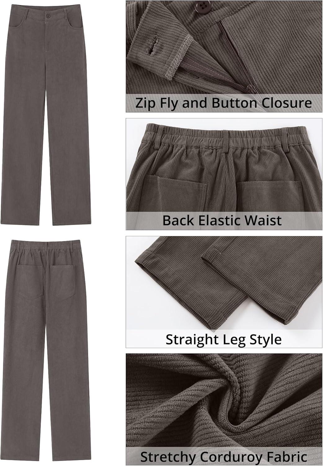 imageGRAPENT Corduroy Pants for Women High Wasited Straight Leg Elastic Waist Stretchy Casual Work Pants Fall Winter TrousersDark Gray