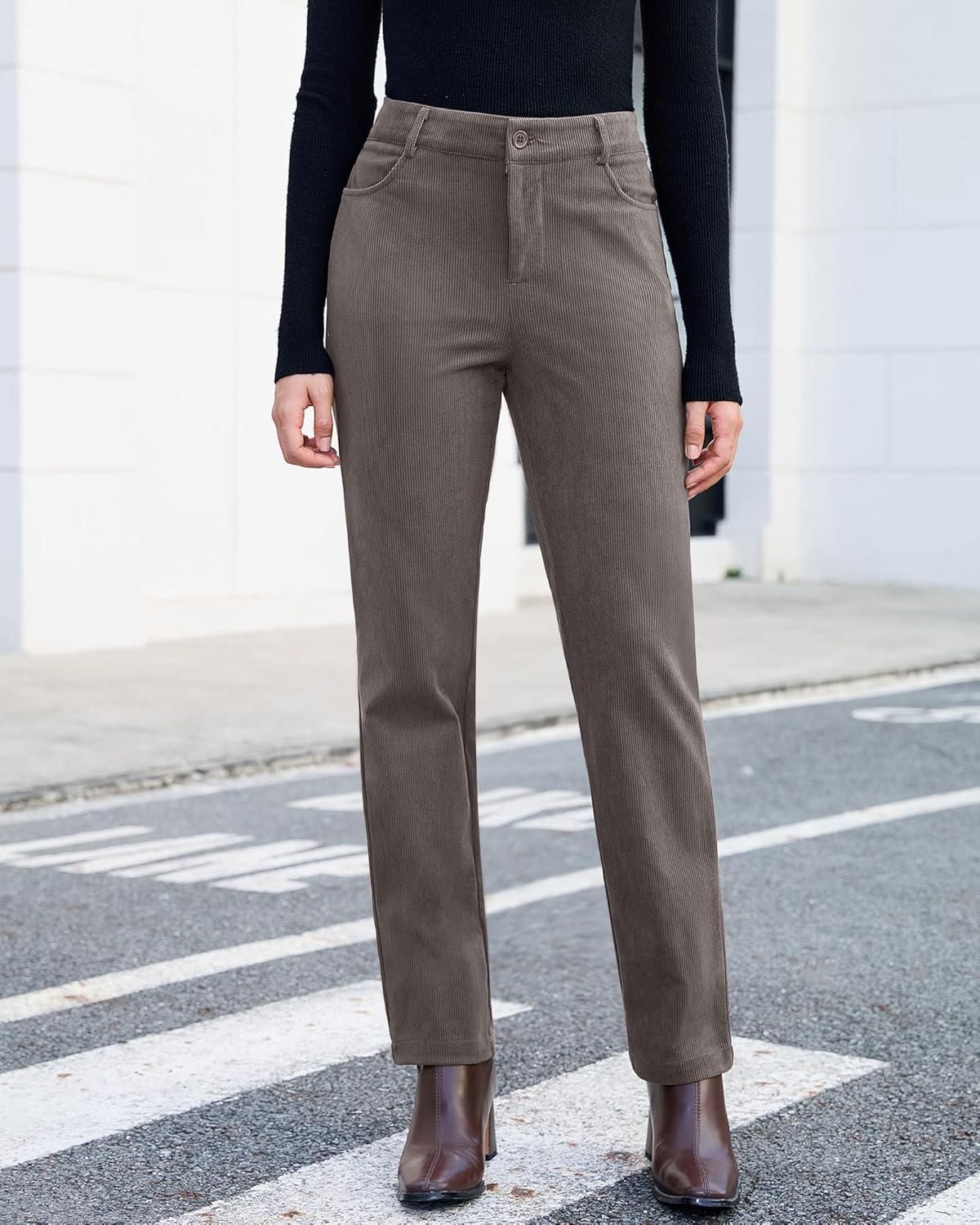 imageGRAPENT Corduroy Pants for Women High Wasited Straight Leg Elastic Waist Stretchy Casual Work Pants Fall Winter TrousersDark Gray