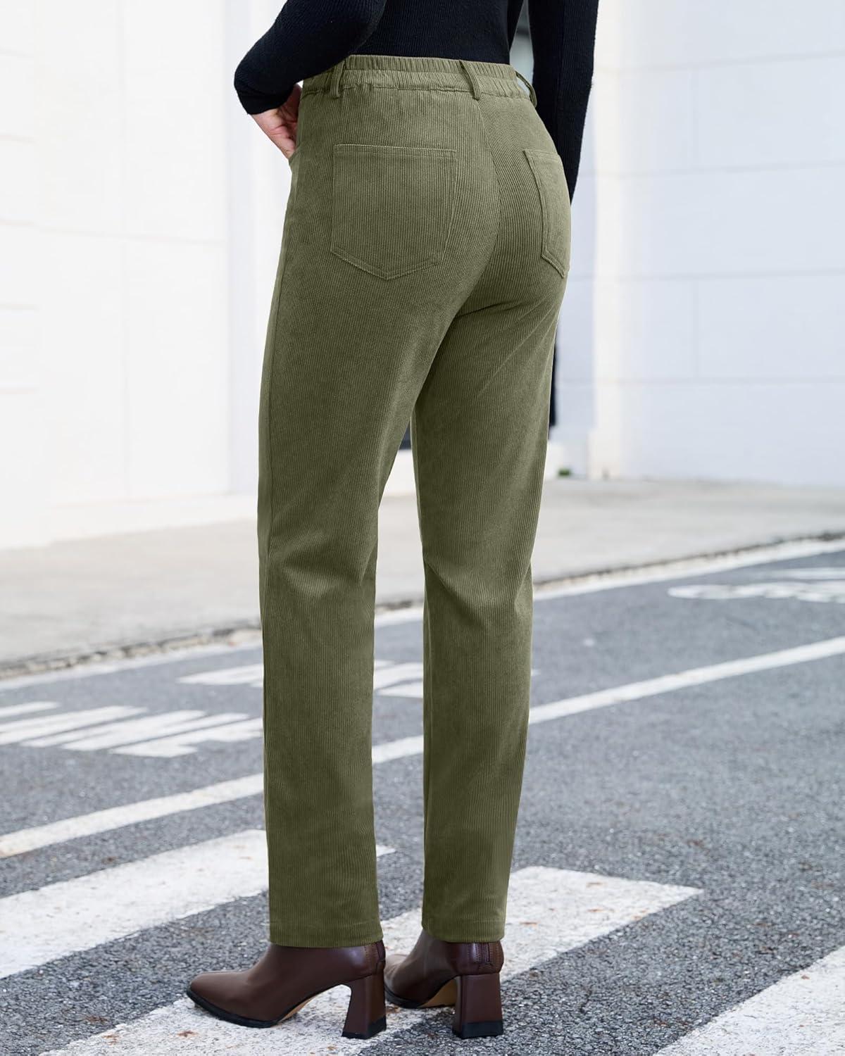 imageGRAPENT Corduroy Pants for Women High Wasited Straight Leg Elastic Waist Stretchy Casual Work Pants Fall Winter TrousersOlive Green