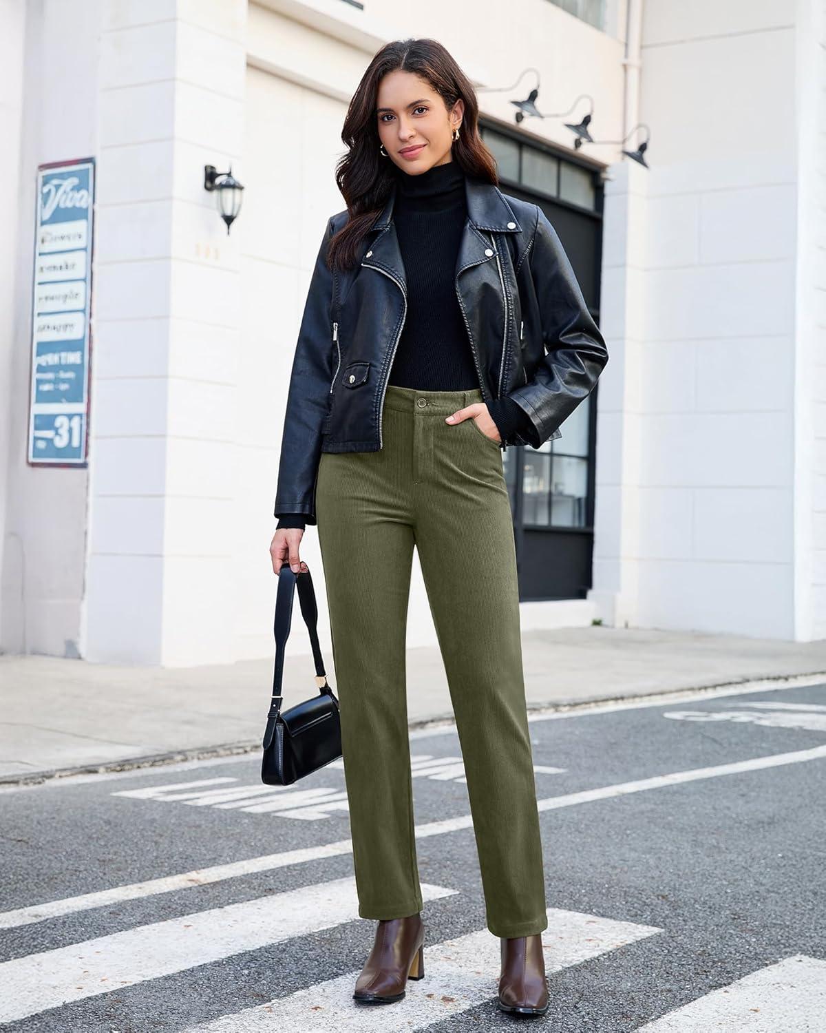 imageGRAPENT Corduroy Pants for Women High Wasited Straight Leg Elastic Waist Stretchy Casual Work Pants Fall Winter TrousersOlive Green