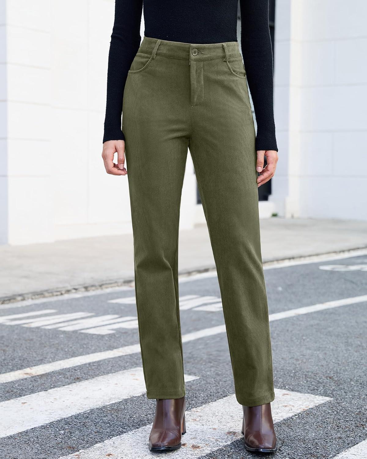 imageGRAPENT Corduroy Pants for Women High Wasited Straight Leg Elastic Waist Stretchy Casual Work Pants Fall Winter TrousersOlive Green