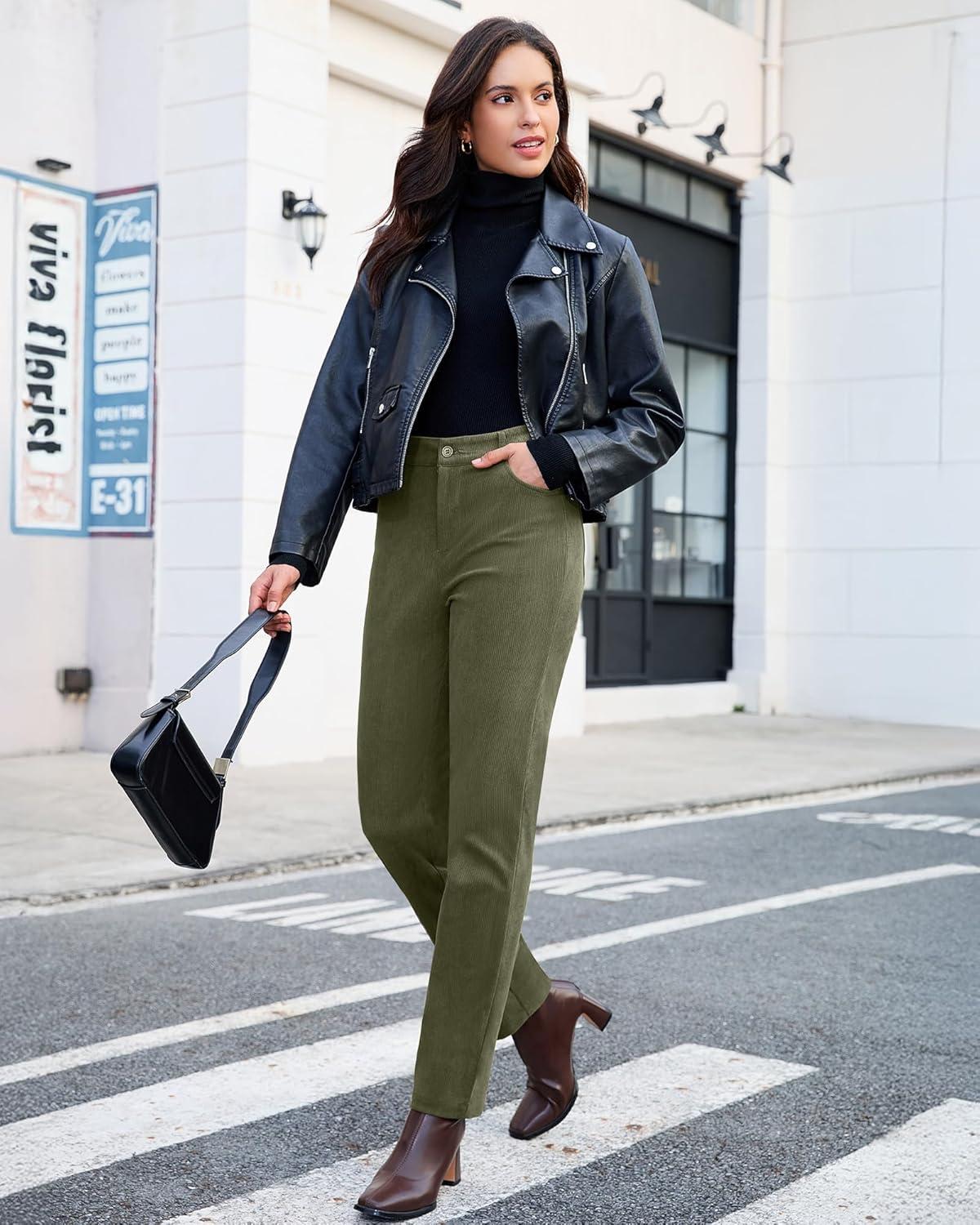 imageGRAPENT Corduroy Pants for Women High Wasited Straight Leg Elastic Waist Stretchy Casual Work Pants Fall Winter TrousersOlive Green
