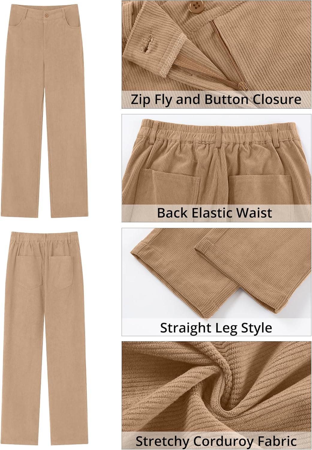 imageGRAPENT Corduroy Pants for Women High Wasited Straight Leg Elastic Waist Stretchy Casual Work Pants Fall Winter TrousersPale Khaki