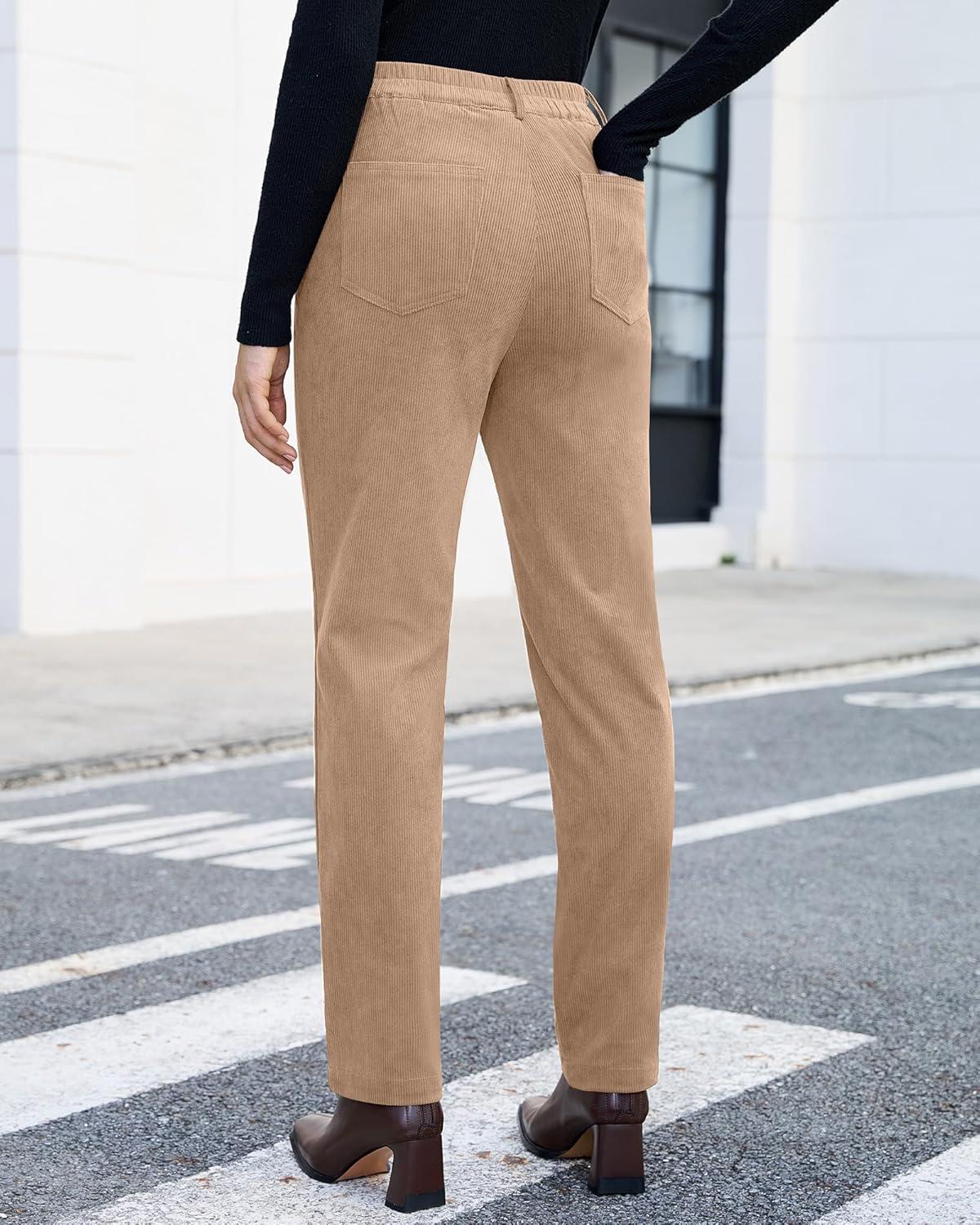 imageGRAPENT Corduroy Pants for Women High Wasited Straight Leg Elastic Waist Stretchy Casual Work Pants Fall Winter TrousersPale Khaki