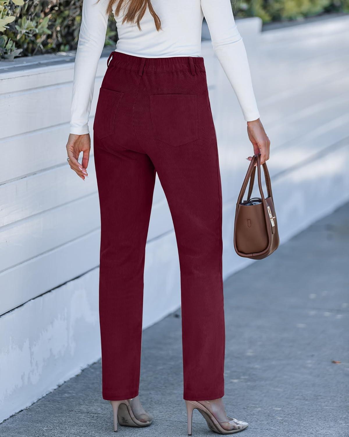 imageGRAPENT Corduroy Pants for Women High Wasited Straight Leg Elastic Waist Stretchy Casual Work Pants Fall Winter TrousersWine Red
