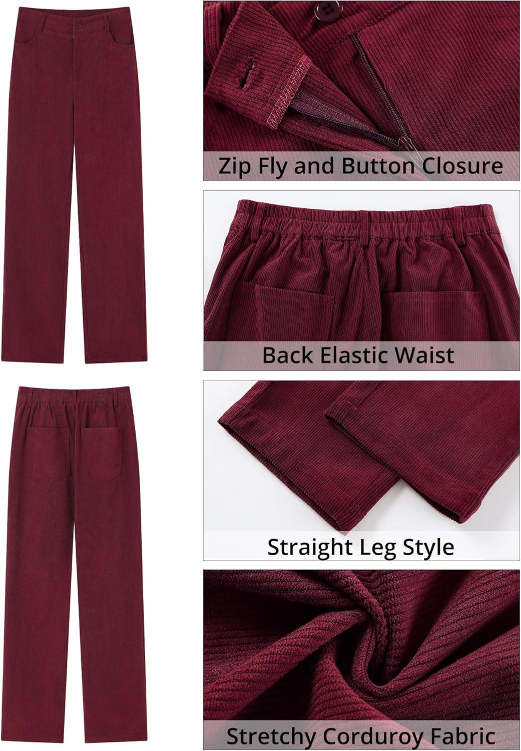 imageGRAPENT Corduroy Pants for Women High Wasited Straight Leg Elastic Waist Stretchy Casual Work Pants Fall Winter TrousersWine Red