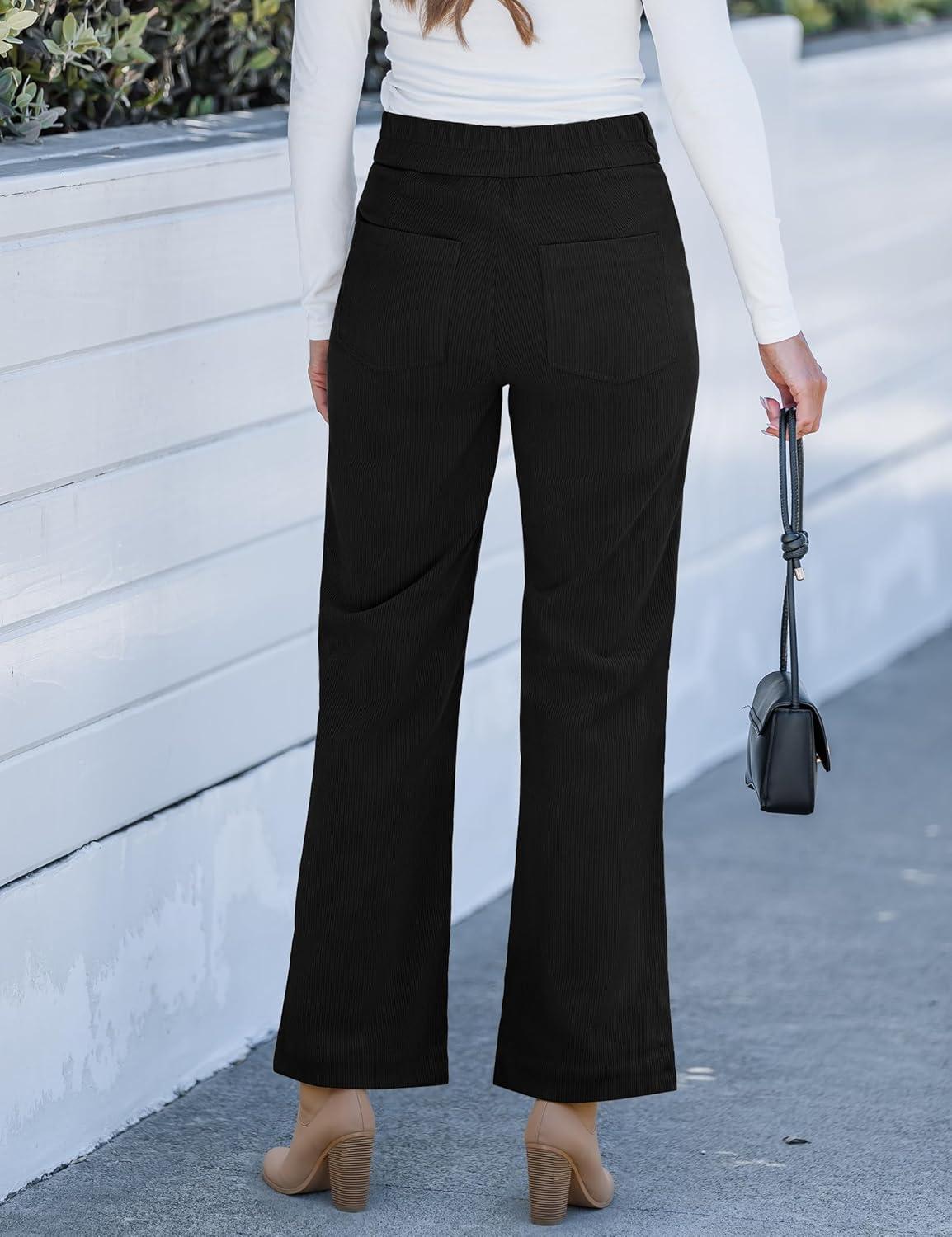 imageGRAPENT Corduroy Wide Leg Pants Woman High Waisted Trendy Fall Work Casual Elastic Waist Duo Button Welt Pocket TrousersBlack