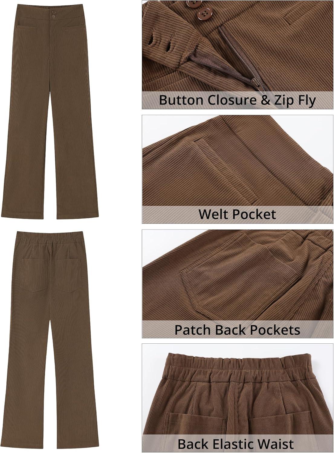 imageGRAPENT Corduroy Wide Leg Pants Woman High Waisted Trendy Fall Work Casual Elastic Waist Duo Button Welt Pocket TrousersCocoa Brown