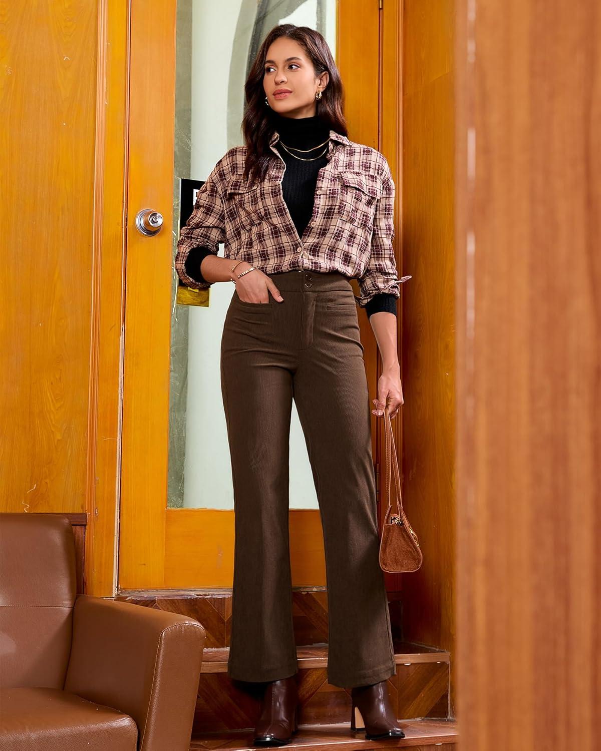 imageGRAPENT Corduroy Wide Leg Pants Woman High Waisted Trendy Fall Work Casual Elastic Waist Duo Button Welt Pocket TrousersCocoa Brown