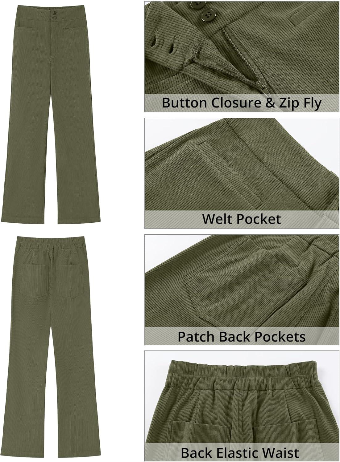 imageGRAPENT Corduroy Wide Leg Pants Woman High Waisted Trendy Fall Work Casual Elastic Waist Duo Button Welt Pocket TrousersOlive Green