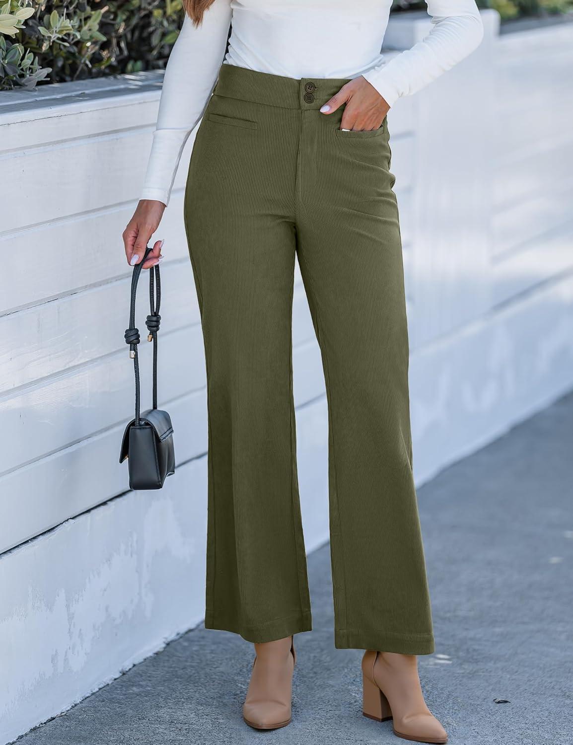 imageGRAPENT Corduroy Wide Leg Pants Woman High Waisted Trendy Fall Work Casual Elastic Waist Duo Button Welt Pocket TrousersOlive Green