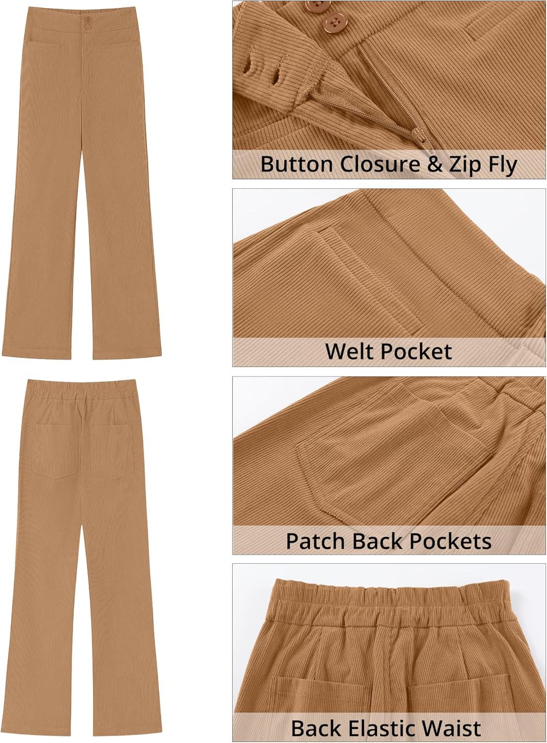 imageGRAPENT Corduroy Wide Leg Pants Woman High Waisted Trendy Fall Work Casual Elastic Waist Duo Button Welt Pocket TrousersTan