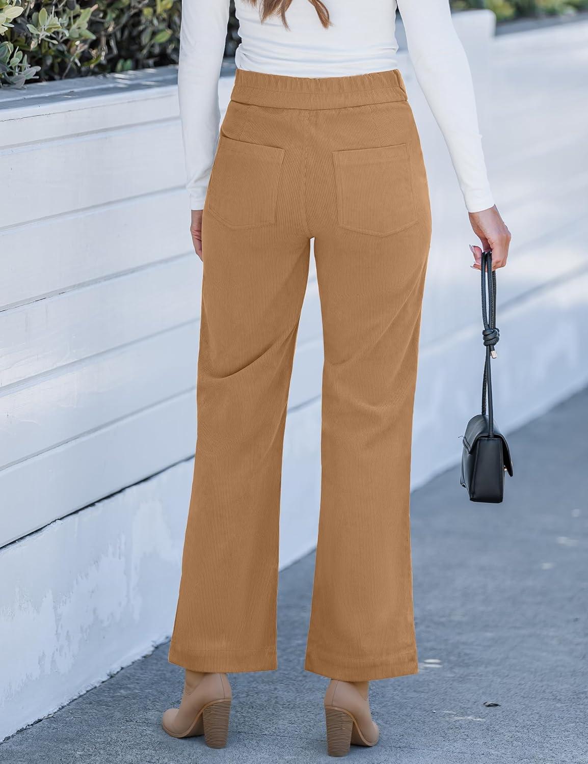 imageGRAPENT Corduroy Wide Leg Pants Woman High Waisted Trendy Fall Work Casual Elastic Waist Duo Button Welt Pocket TrousersTan