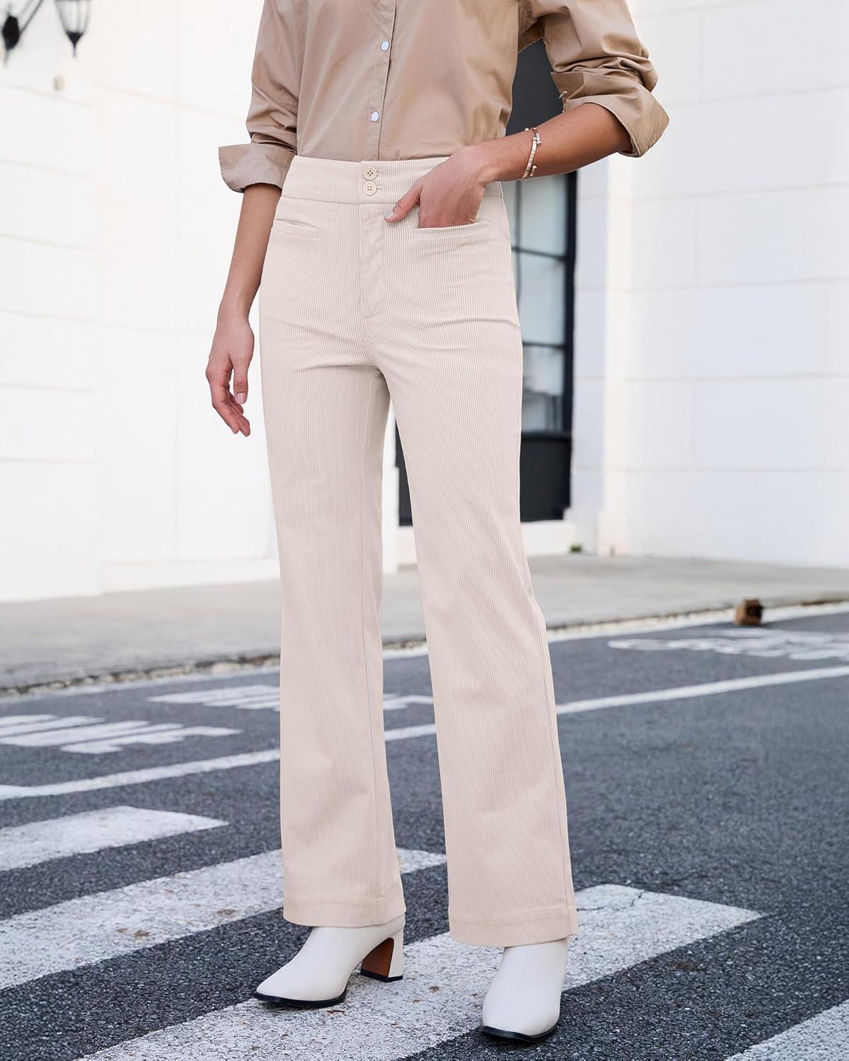 imageGRAPENT Corduroy Wide Leg Pants Woman High Waisted Trendy Fall Work Casual Elastic Waist Duo Button Welt Pocket TrousersTurtledove
