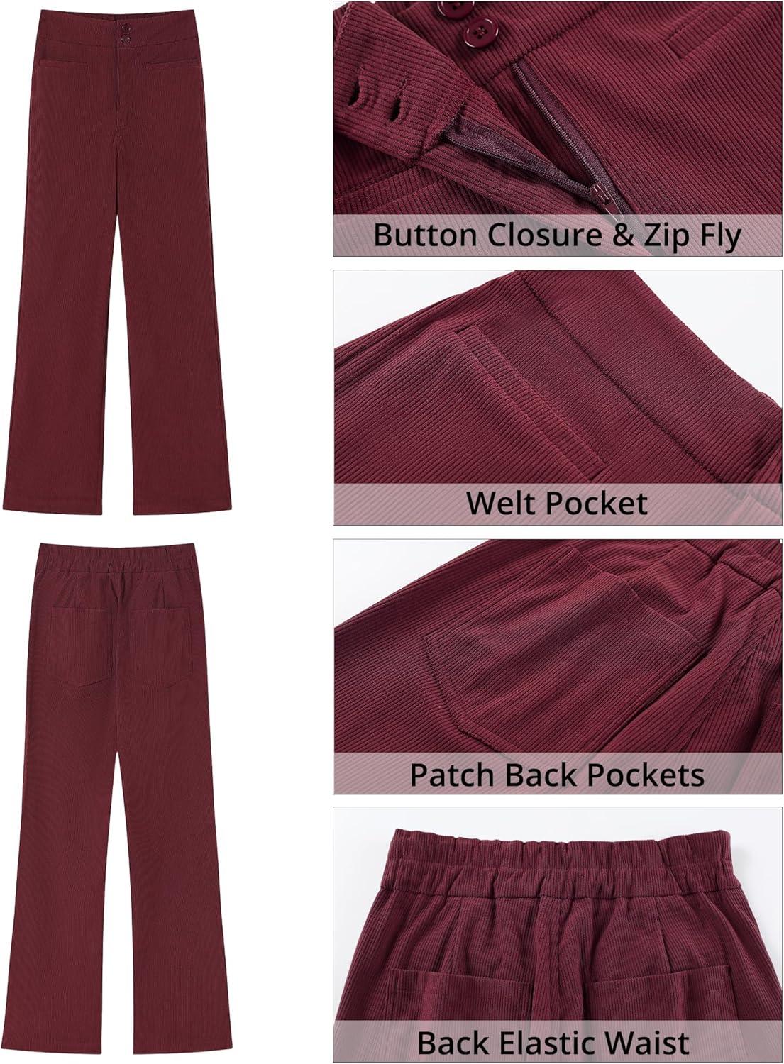 imageGRAPENT Corduroy Wide Leg Pants Woman High Waisted Trendy Fall Work Casual Elastic Waist Duo Button Welt Pocket TrousersWine Red