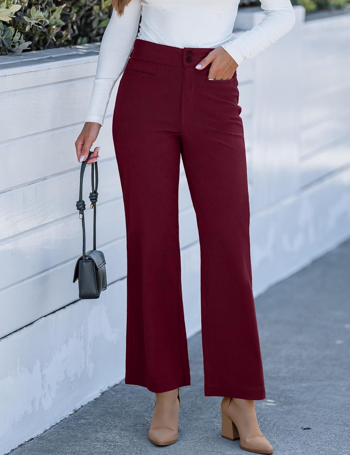 imageGRAPENT Corduroy Wide Leg Pants Woman High Waisted Trendy Fall Work Casual Elastic Waist Duo Button Welt Pocket TrousersWine Red
