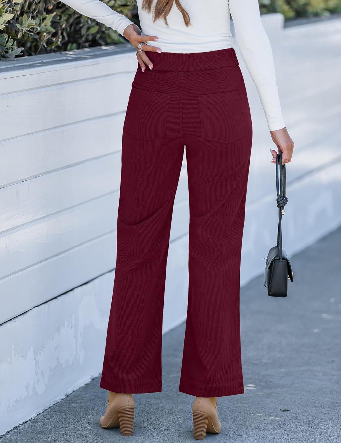 imageGRAPENT Corduroy Wide Leg Pants Woman High Waisted Trendy Fall Work Casual Elastic Waist Duo Button Welt Pocket TrousersWine Red