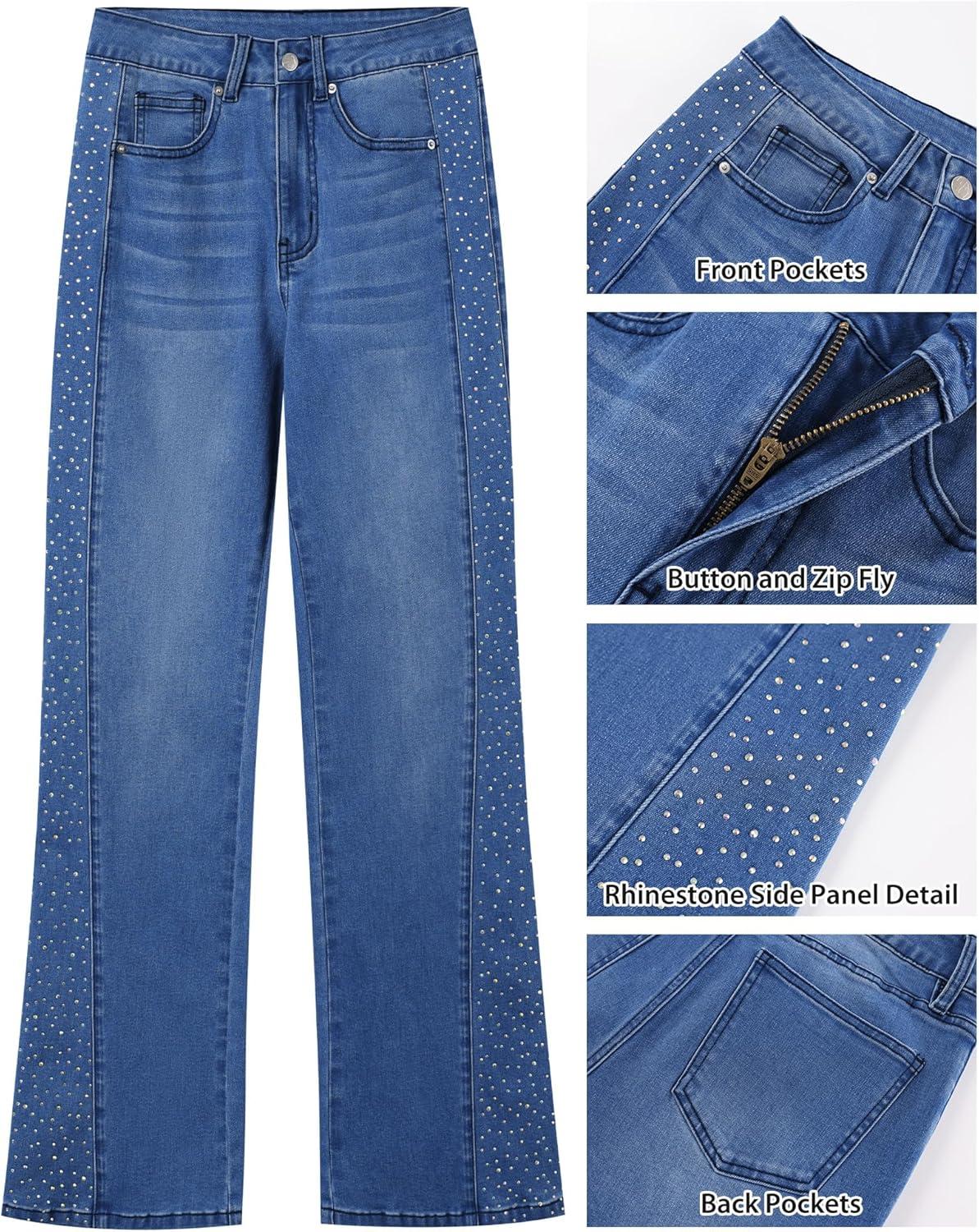 imageGRAPENT Flare Jeans for Women High Waisted Trendy Wide Leg Embellished Rhinestone Sparkly Concert Stretchy Denim PantsClassic Blue