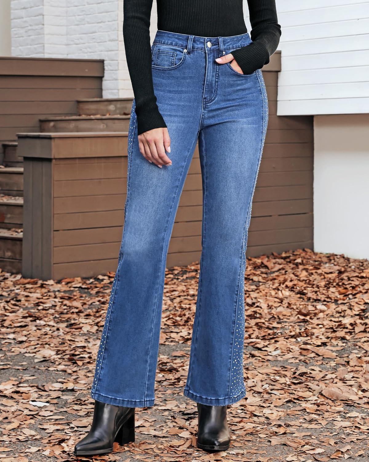 imageGRAPENT Flare Jeans for Women High Waisted Trendy Wide Leg Embellished Rhinestone Sparkly Concert Stretchy Denim PantsClassic Blue