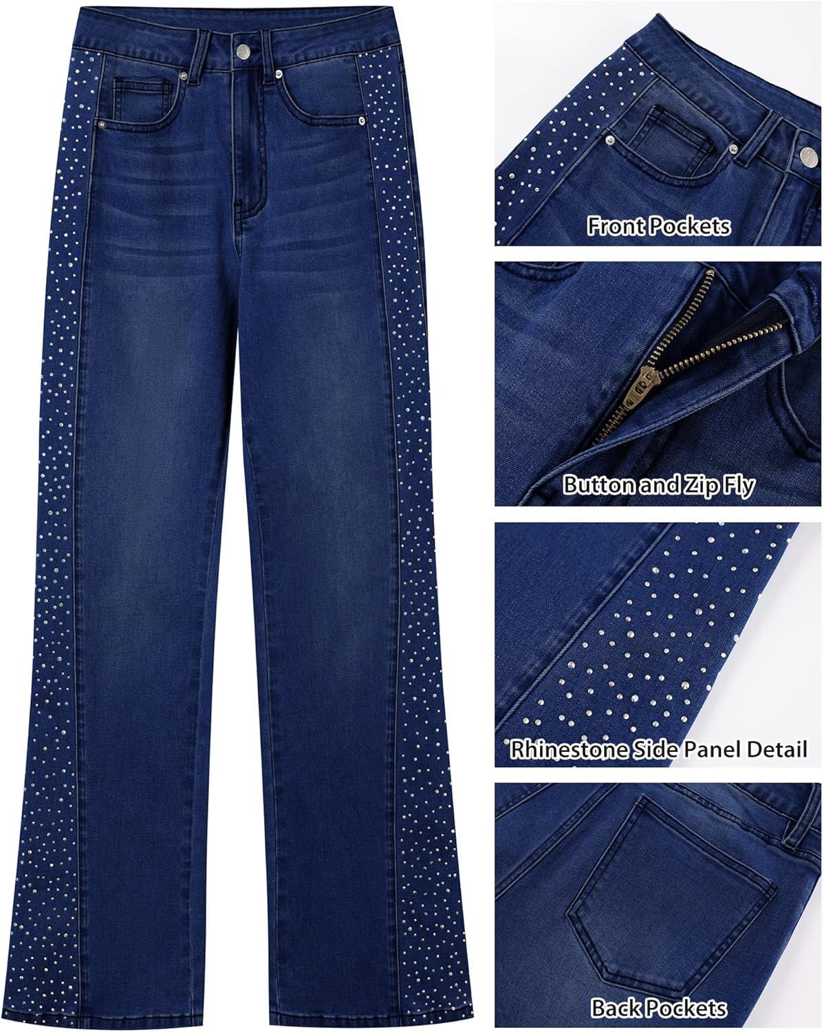 imageGRAPENT Flare Jeans for Women High Waisted Trendy Wide Leg Embellished Rhinestone Sparkly Concert Stretchy Denim PantsDarkness Blue