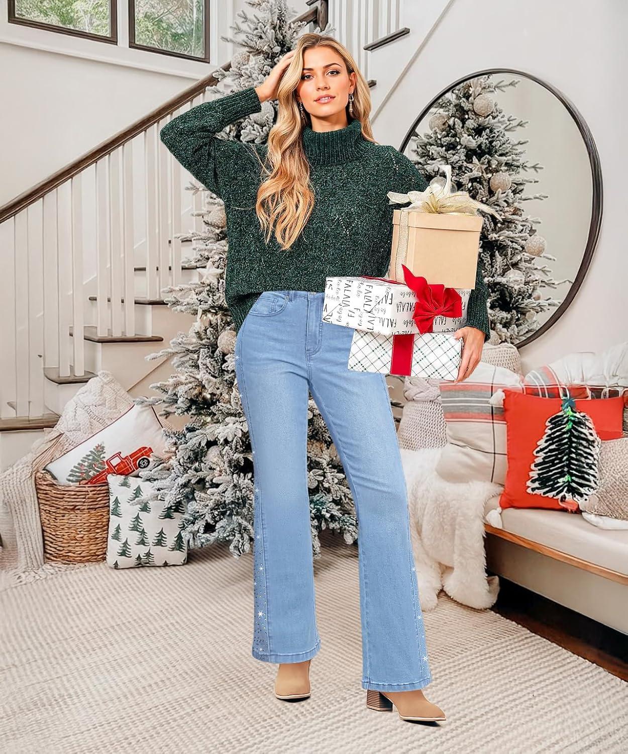 imageGRAPENT Flare Jeans for Women High Waisted Trendy Wide Leg Embellished Rhinestone Sparkly Concert Stretchy Denim PantsLakeside Blue