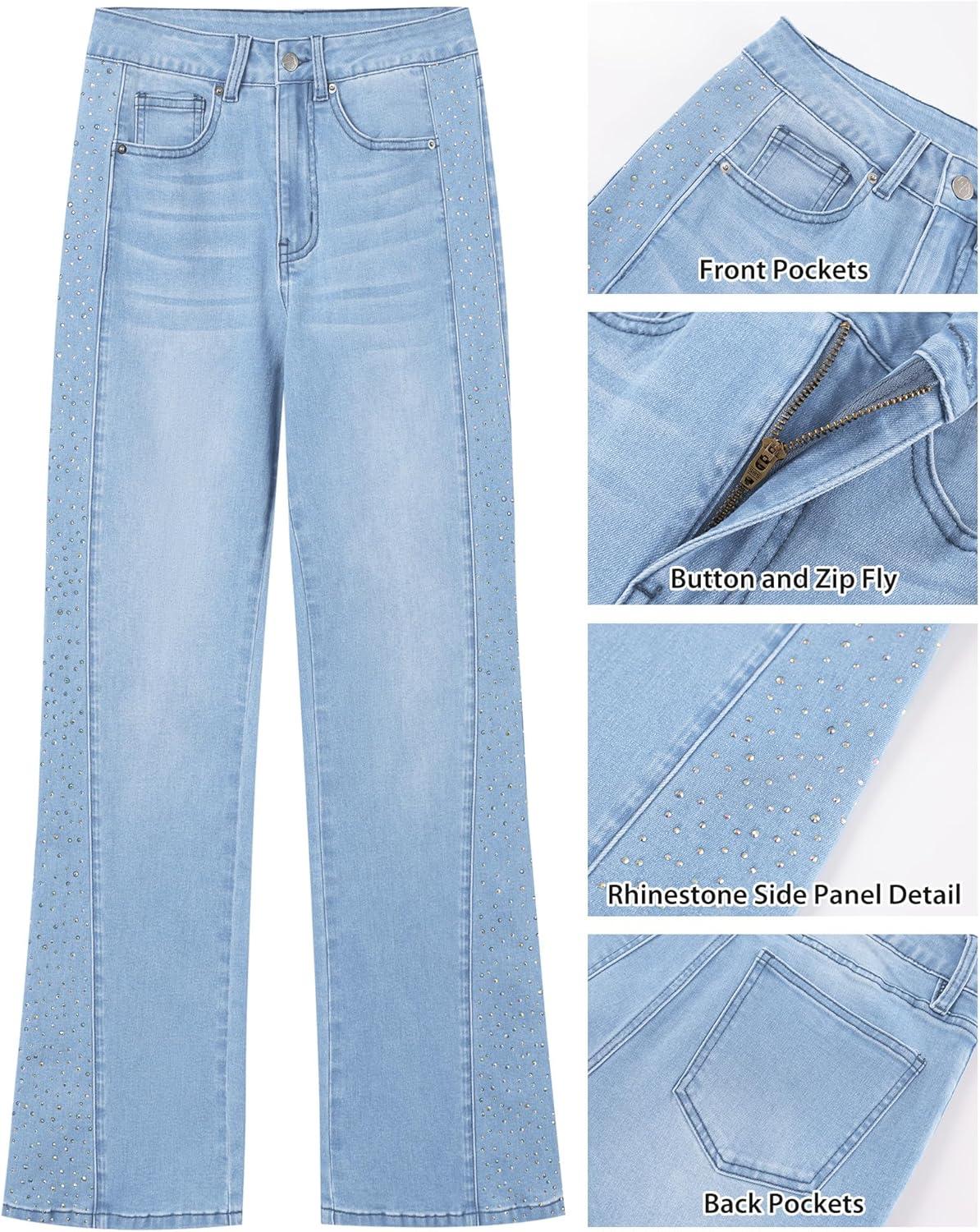 imageGRAPENT Flare Jeans for Women High Waisted Trendy Wide Leg Embellished Rhinestone Sparkly Concert Stretchy Denim PantsLakeside Blue