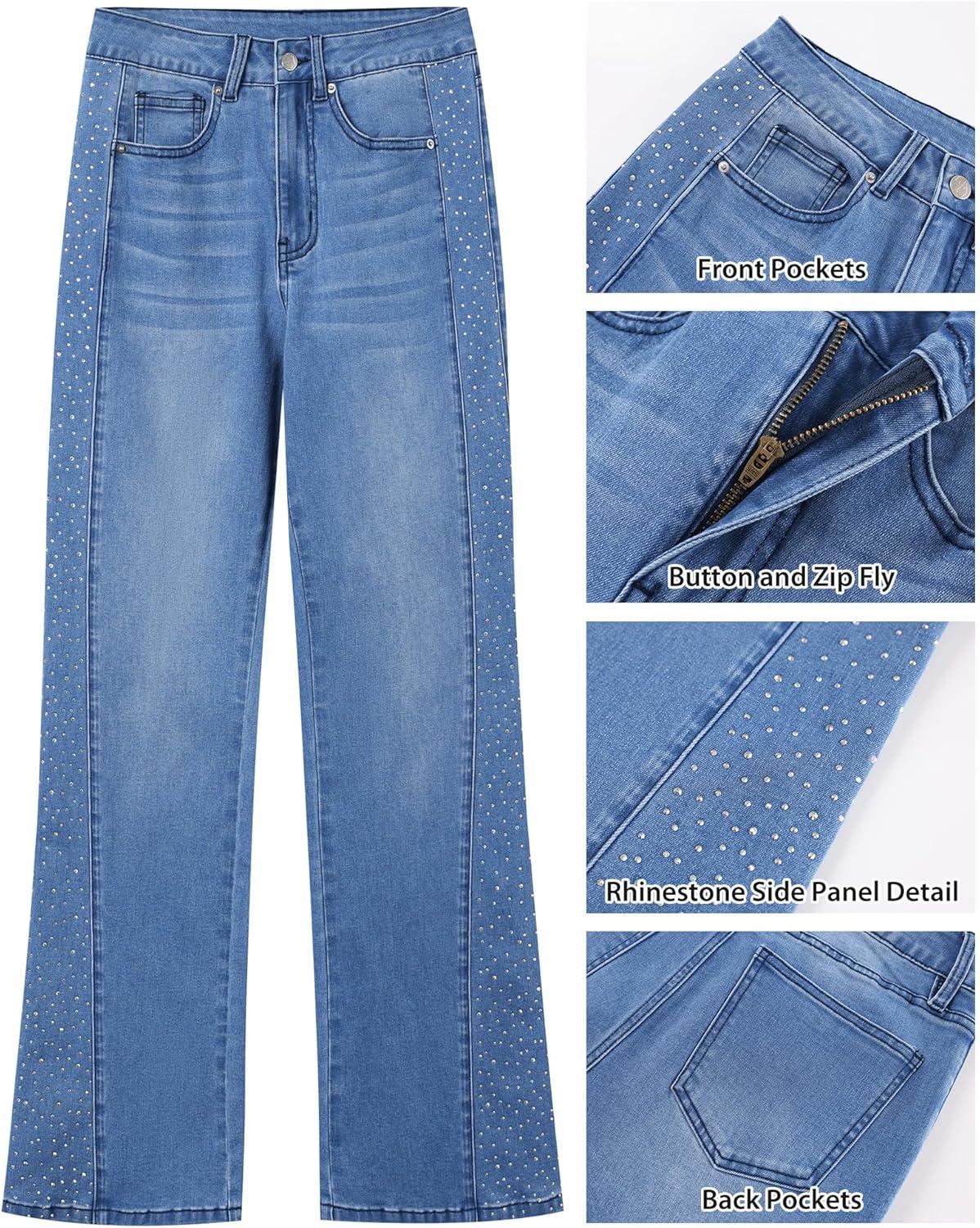 imageGRAPENT Flare Jeans for Women High Waisted Trendy Wide Leg Embellished Rhinestone Sparkly Concert Stretchy Denim PantsMedium Blue