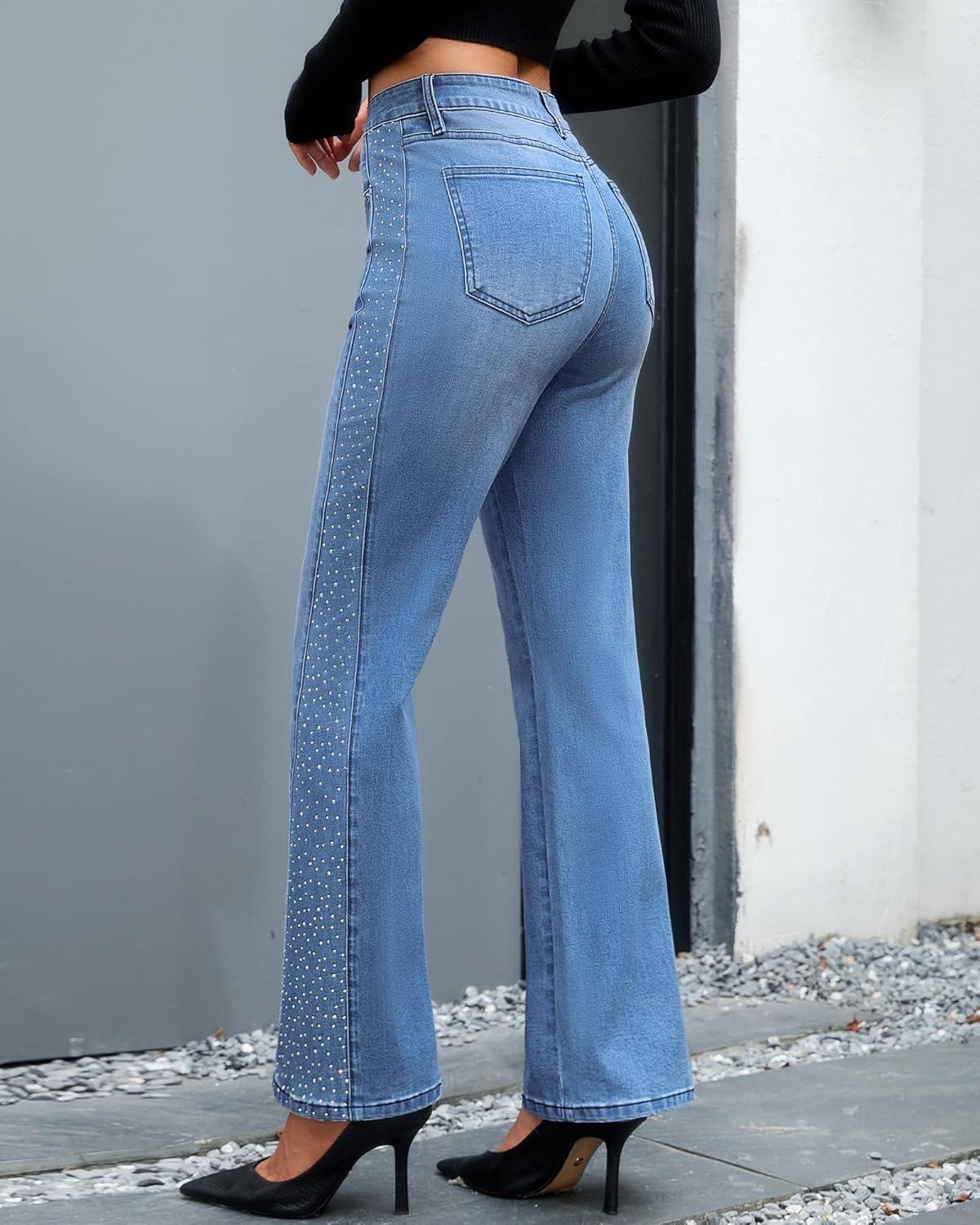 imageGRAPENT Flare Jeans for Women High Waisted Trendy Wide Leg Embellished Rhinestone Sparkly Concert Stretchy Denim PantsMedium Blue