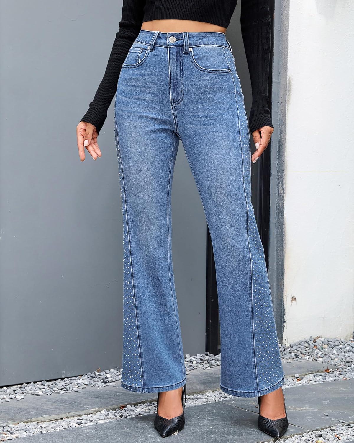 imageGRAPENT Flare Jeans for Women High Waisted Trendy Wide Leg Embellished Rhinestone Sparkly Concert Stretchy Denim PantsMedium Blue