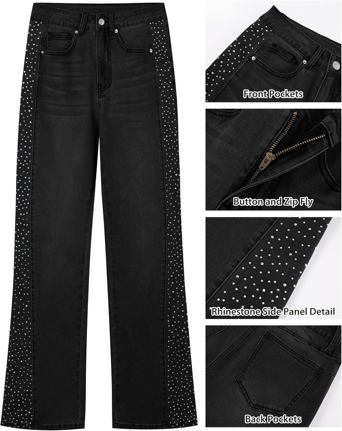 imageGRAPENT Flare Jeans for Women High Waisted Trendy Wide Leg Embellished Rhinestone Sparkly Concert Stretchy Denim PantsWashed Black