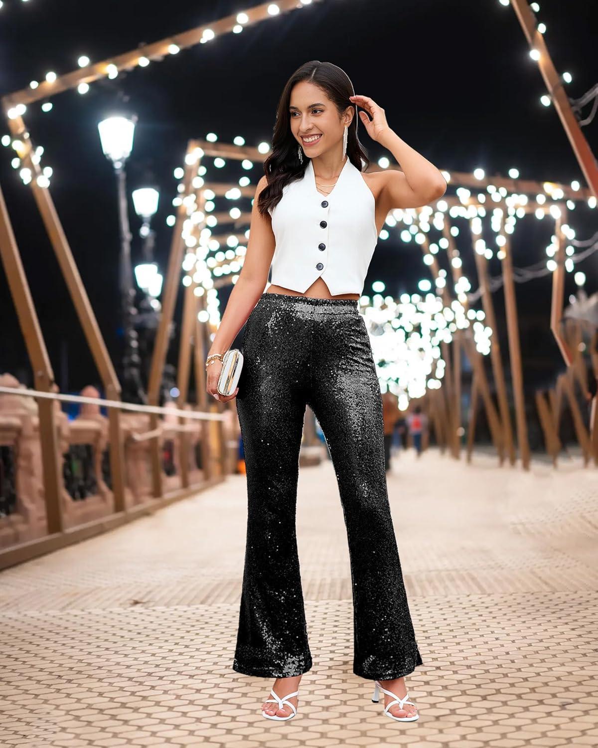 imageGRAPENT Sequin Pants for Women Flare High Waisted Pull On Elastic Waist Party Club Night Out Dance Stretch Sparkly PantsBlack