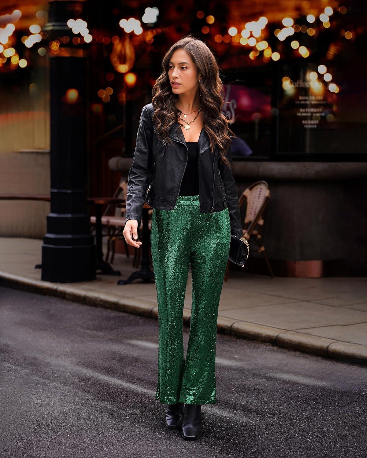 imageGRAPENT Sequin Pants for Women Flare High Waisted Pull On Elastic Waist Party Club Night Out Dance Stretch Sparkly PantsDark Green