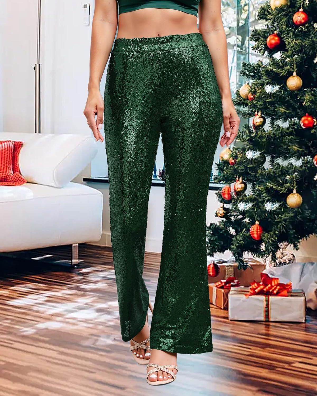 imageGRAPENT Sequin Pants for Women Flare High Waisted Pull On Elastic Waist Party Club Night Out Dance Stretch Sparkly PantsDark Green