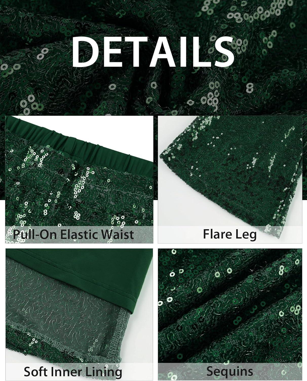 imageGRAPENT Sequin Pants for Women Flare High Waisted Pull On Elastic Waist Party Club Night Out Dance Stretch Sparkly PantsDark Green