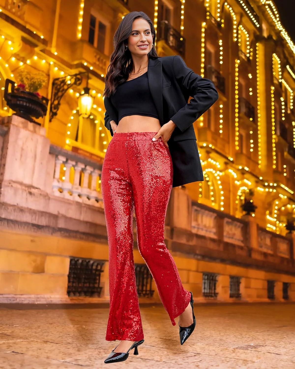 imageGRAPENT Sequin Pants for Women Flare High Waisted Pull On Elastic Waist Party Club Night Out Dance Stretch Sparkly PantsRed