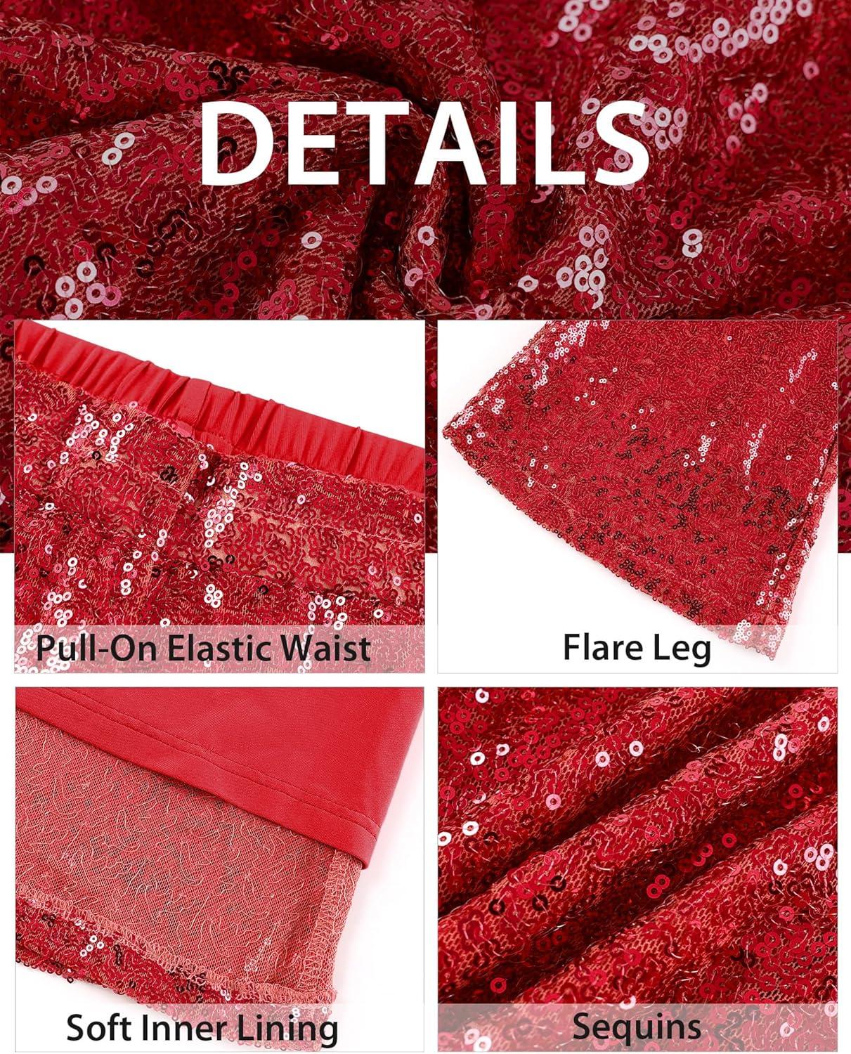 imageGRAPENT Sequin Pants for Women Flare High Waisted Pull On Elastic Waist Party Club Night Out Dance Stretch Sparkly PantsRed